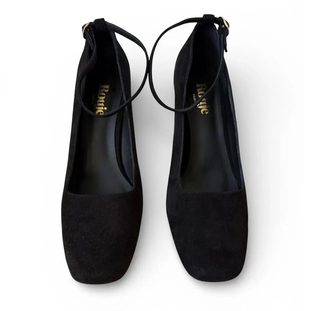 Rouje Paris Leonie Black Suede Ankle Strap Pump Heels Women's Size 39